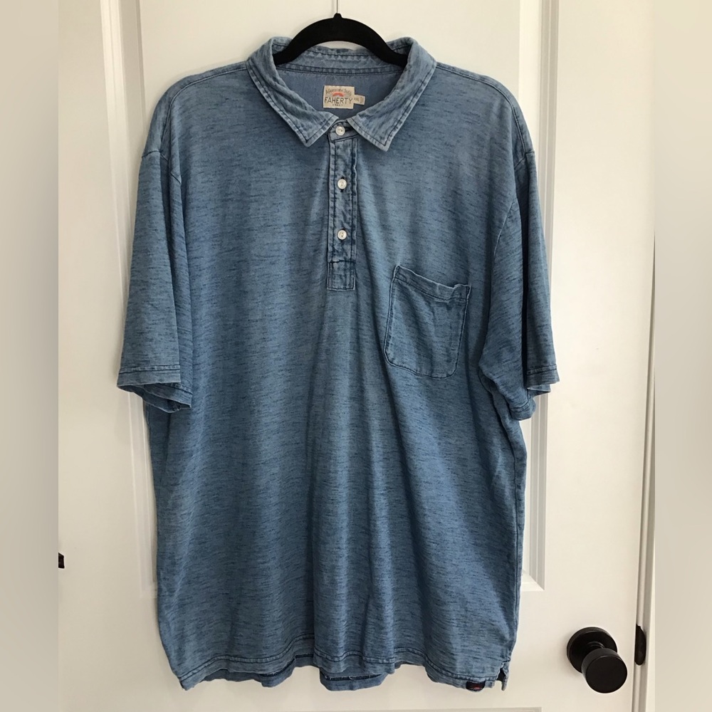 Faherty Polo Shirt Men XXL Blue Flat Pocket Fine Soft Cotton‎ 3 Button Blue